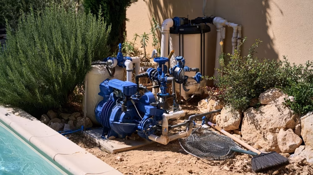 Équipement de filtration de piscine près d’un bassin en Provence