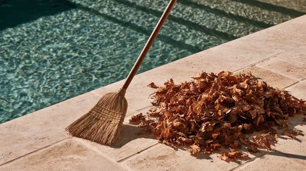 Balai rassemblant des feuilles sèches sur une terrasse de piscine