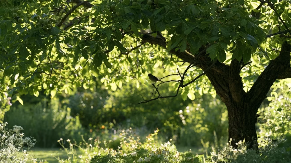 Noyer offrant ombre et habitat à la biodiversité dans un jardin provençal