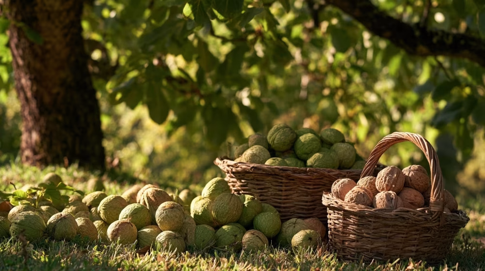 Noix mûres avec leurs bogues vertes tombées sous un noyer dans un jardin de Provence