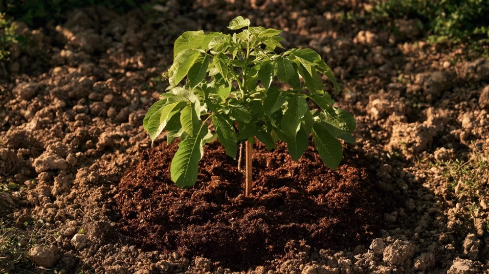 Jeune noyer planté dans une terre ameublie et drainée dans un jardin de Provence
