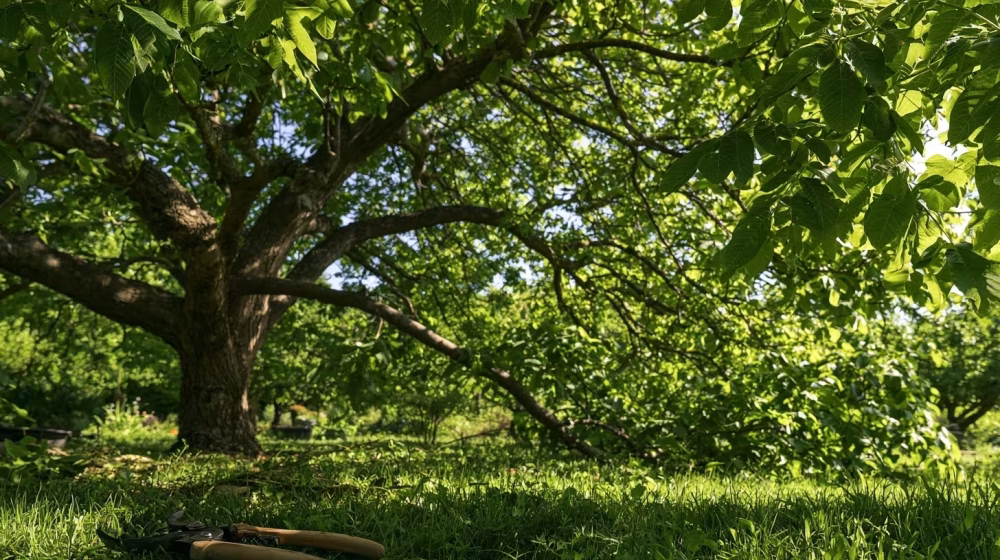 Branches saines d’un noyer adulte entretenu dans un jardin près de Manosque