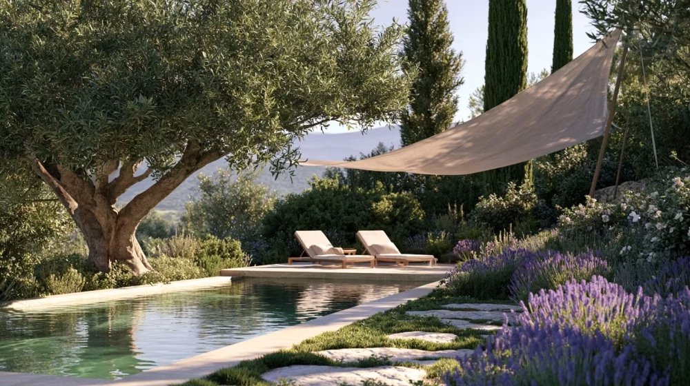Voile d’ombrage au-dessus d’une terrasse près d’une piscine dans un jardin provençal