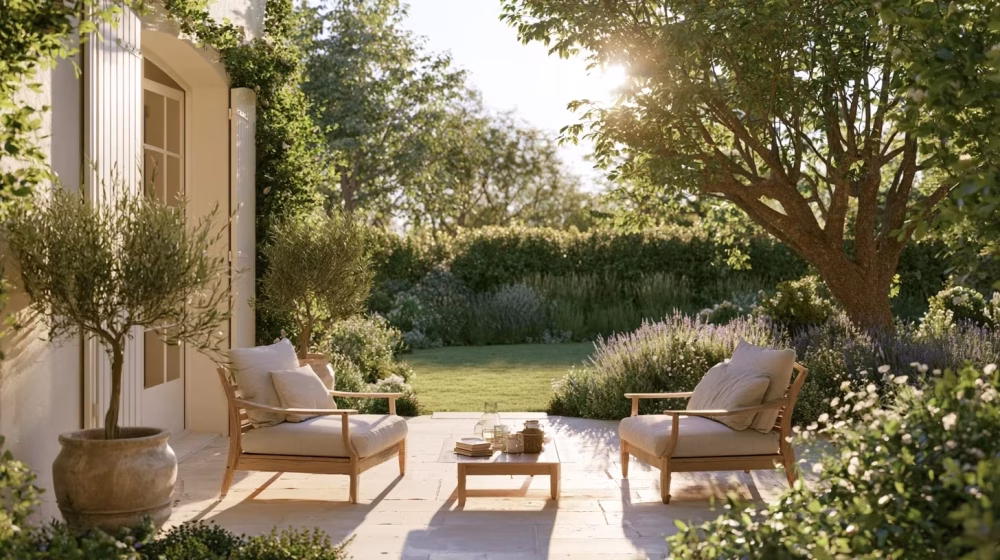 Fauteuils bas et petite table adaptés aux proportions d’une terrasse provençale avec passage libre