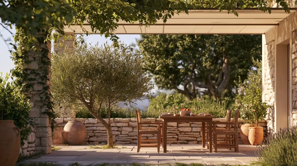 Coin repas provençal ombragé avec table en bois, chaises stables et plantes méditerranéennes