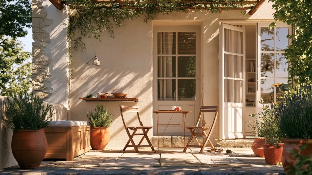 Petite terrasse provençale avec banc de rangement fermé, table pliante et passage dégagé