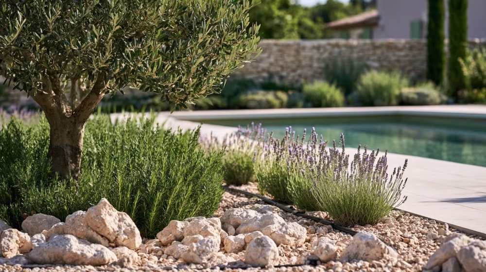 Paillage minéral et arrosage goutte-à-goutte dans un jardin méditerranéen près d’une piscine