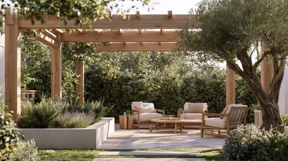 Structure de pergola en bois et circulation dégagée sur une terrasse provençale