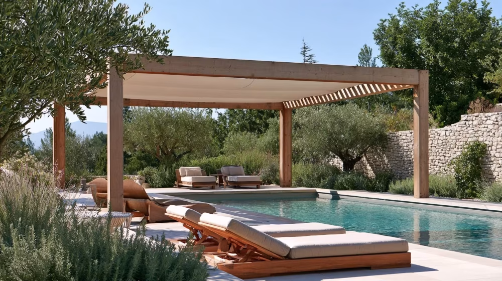 Pergola en bois à quatre poteaux ancrée sur terrasse à côté d’une piscine