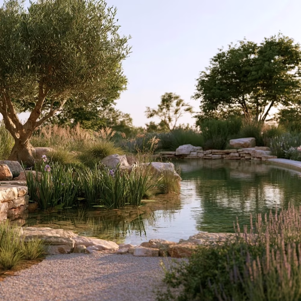 Piscine naturelle bordée de plantes filtrantes dans un paysage provençal