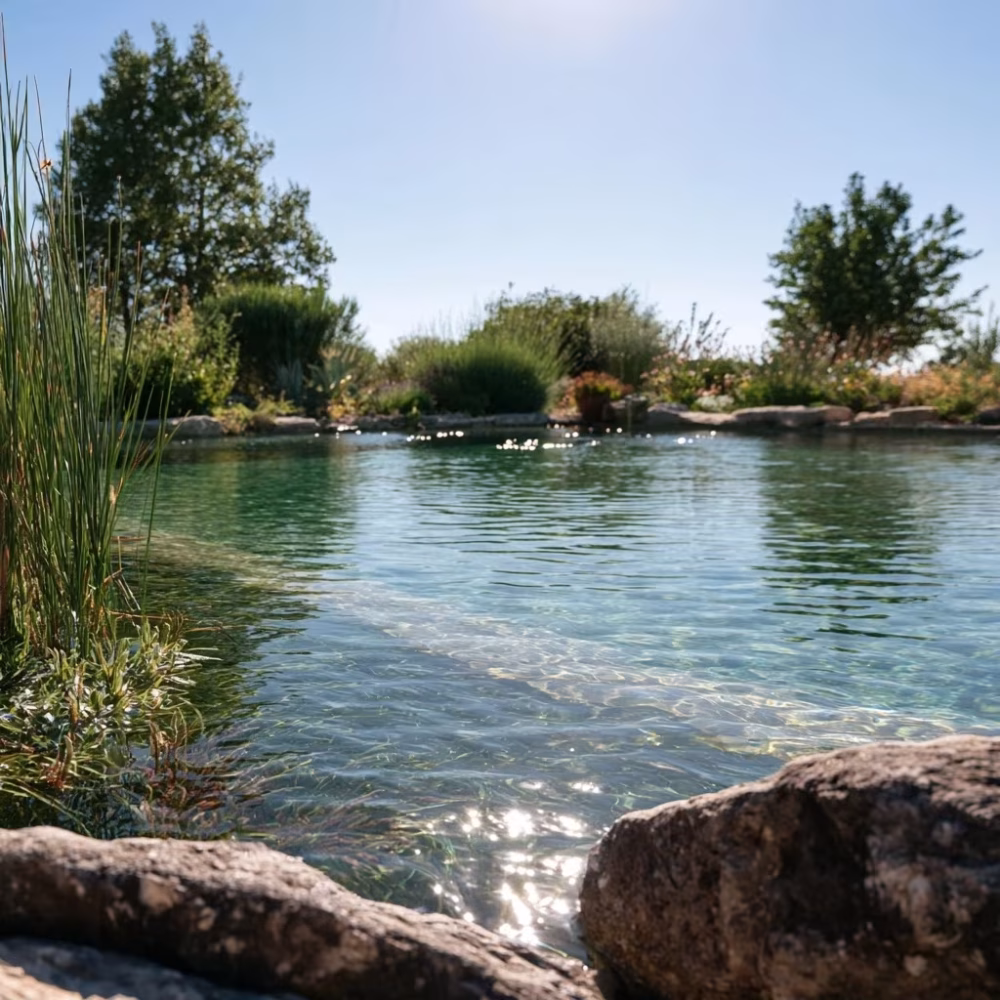 Bassin de baignade écologique bordé de végétaux méditerranéens en Provence