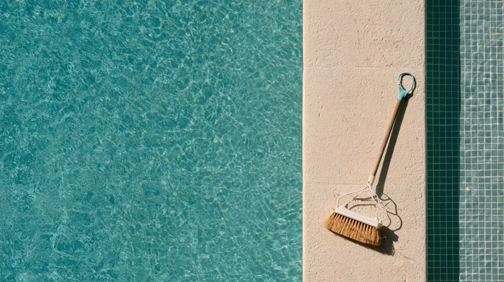 Épuisette et brosse de piscine posées près d’une eau claire et d’une margelle en pierre