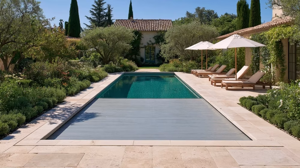 Volet roulant automatique partiellement fermé sur une piscine rectangulaire en Provence