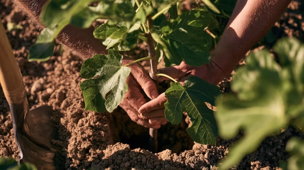 Plantation d'un jeune figuier dans un jardin provençal