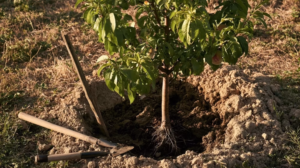 Jeune pêcher installé dans son trou de plantation en sol provençal