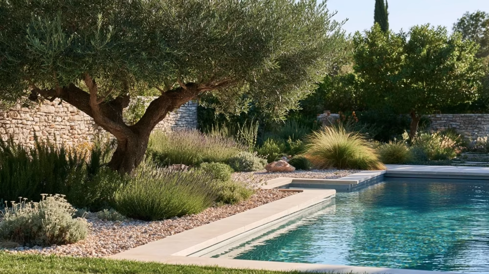 Olivier, lavandes et végétaux méditerranéens autour d’une piscine en Provence