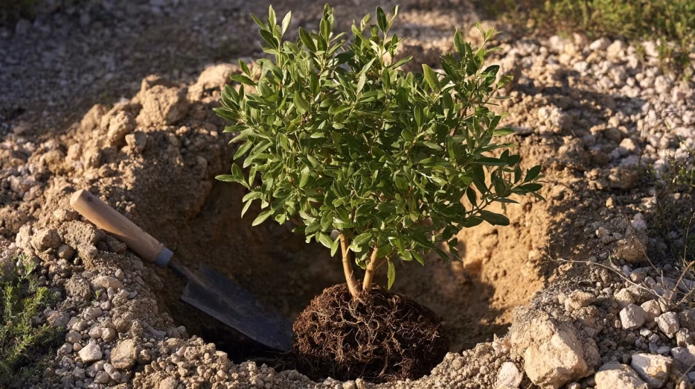 Jeune myrte commun près d’un trou de plantation dans un sol drainant
