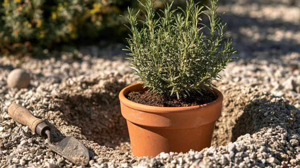 Jeune romarin rampant prêt à être planté dans une terre drainée avec gravier