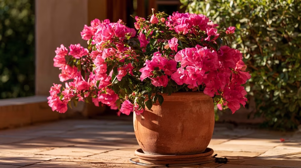 Bougainvillier en pot avec goutte-à-goutte discret dans un jardin méditerranéen ensoleillé