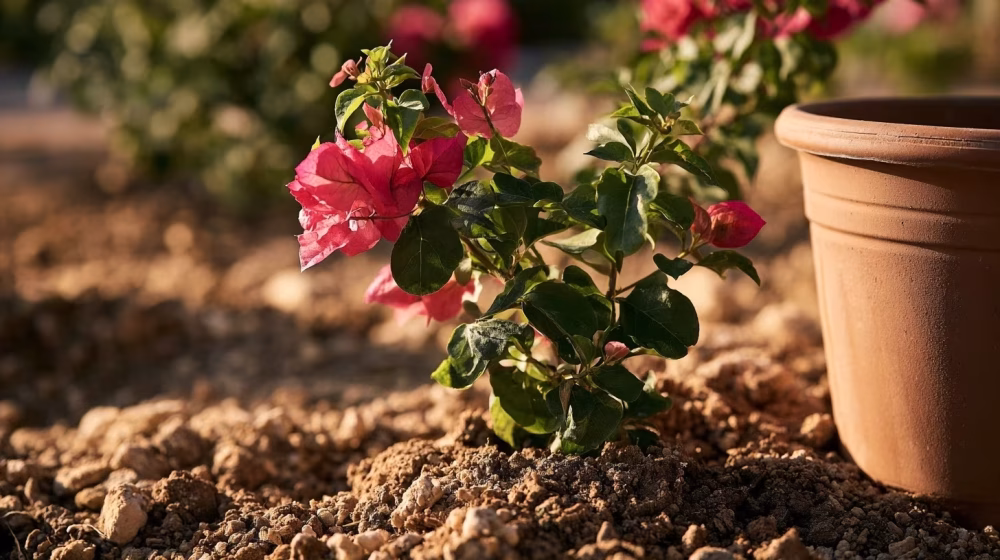 Jeune bougainvillier aux bractées roses planté dans un sol drainé de jardin méditerranéen