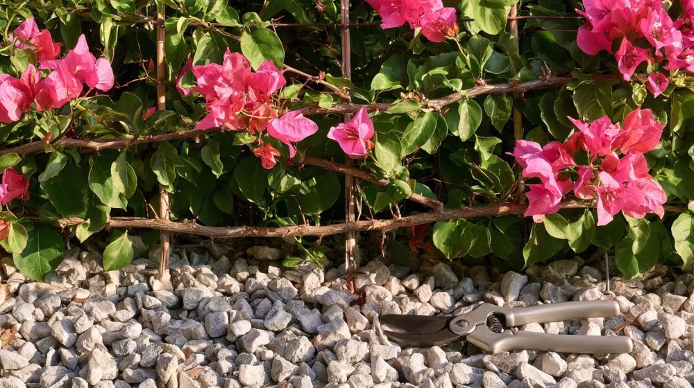 Tiges saines de bougainvillier rose palissées sur un support discret dans un jardin de Toulon