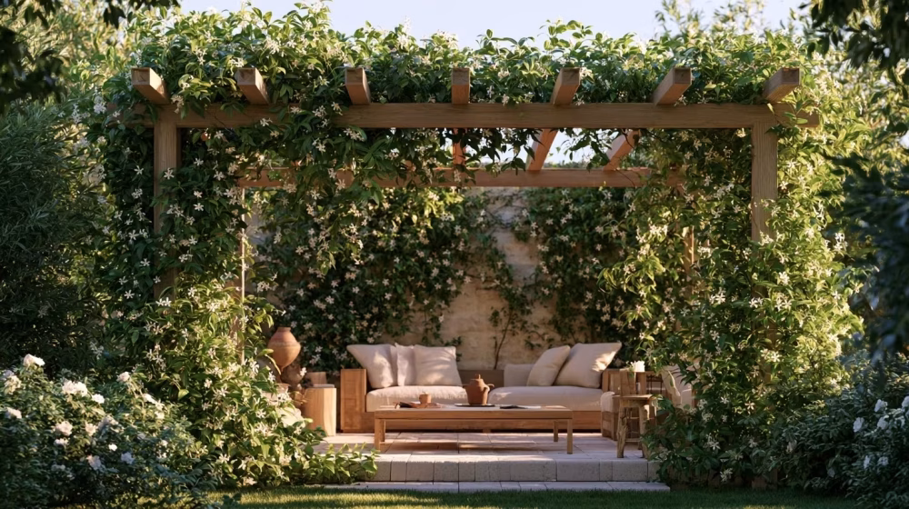 Jasmin à cannes aux fleurs blanches guidé sur une pergola près d’une terrasse