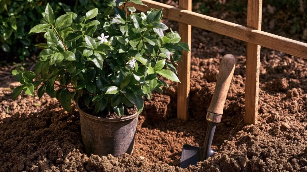 Plant de jasmin à cannes près d’un trou de plantation dans une terre drainée