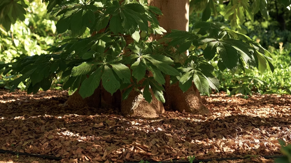 Jeune marronnier d’Inde paillé avec une ligne d’arrosage au pied dans un jardin méditerranéen