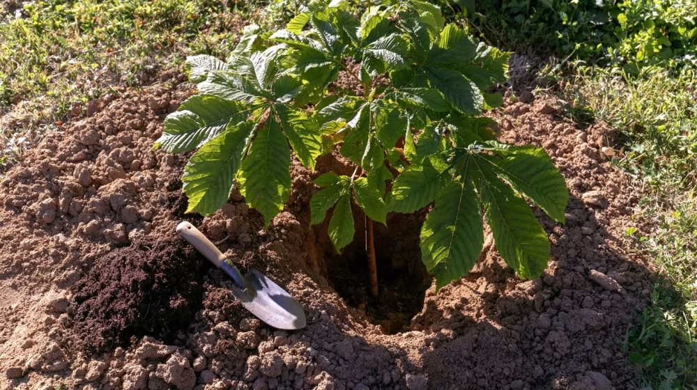 Jeune marronnier d’Inde aux feuilles palmées près d’un trou de plantation dans un jardin de Saint-Tropez