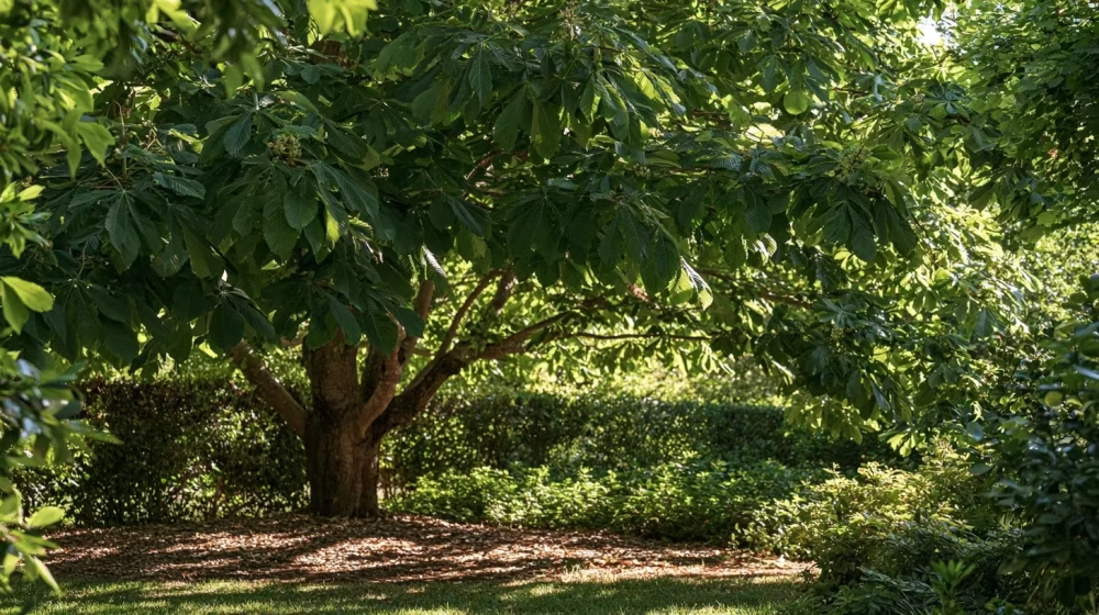 Marronnier d’Inde aux feuilles palmées sous une ombre légère dans un jardin méditerranéen