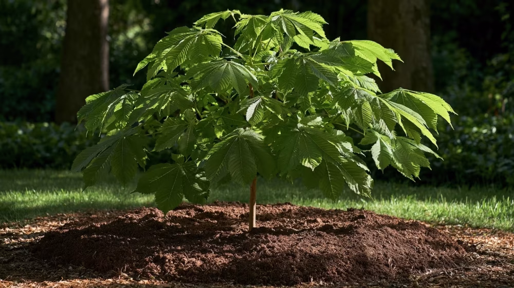 Jeune marronnier d’Inde planté dans un sol profond paillé et légèrement ombragé