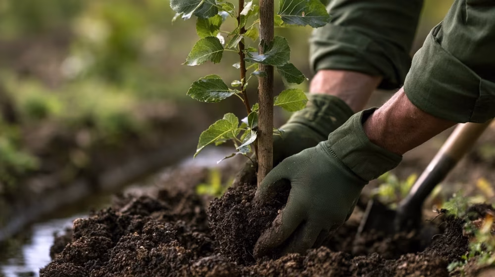 Plantation d’un jeune peuplier noir en automne en Provence