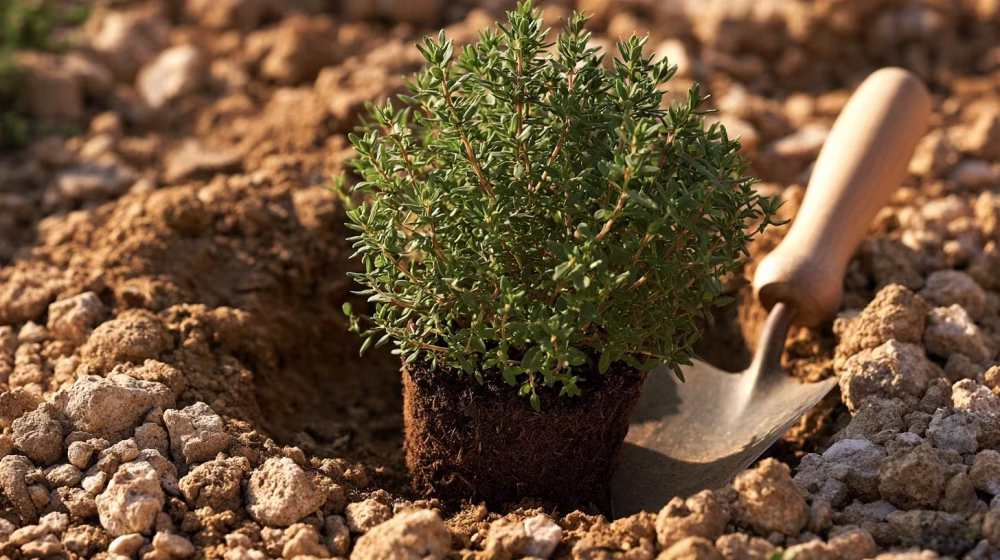 Jeune plant de thym commun près d’un trou de plantation avec gravier et terre légère