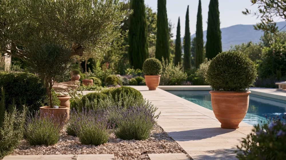 Lavandes, olivier et topiaires près d’une piscine en Provence
