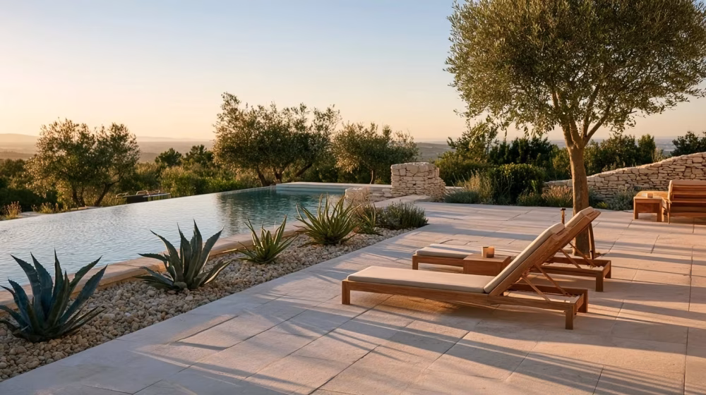 Terrasse en pierre avec fauteuils simples, agaves et piscine dans un jardin provençal