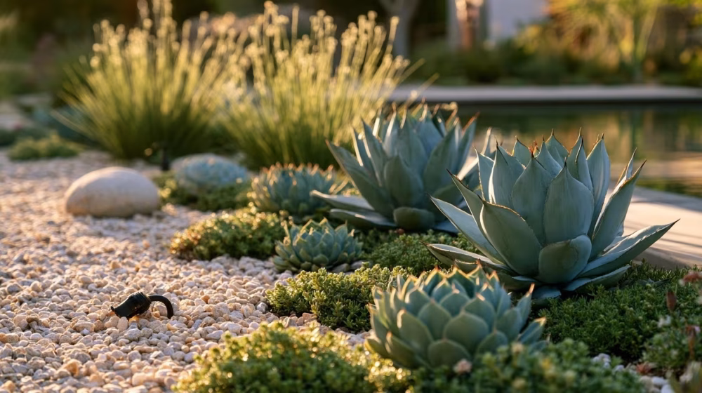 Massif de succulentes paillé de graviers avec tuyau goutte-à-goutte discret près d’une piscine