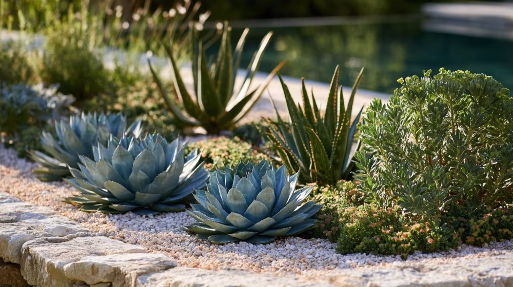 Agaves, aloès et euphorbes plantés dans un massif drainant près d’une piscine