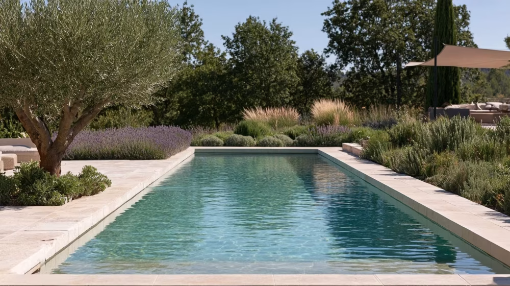 Plantes méditerranéennes et voile d’ombrage autour d’une piscine en Provence