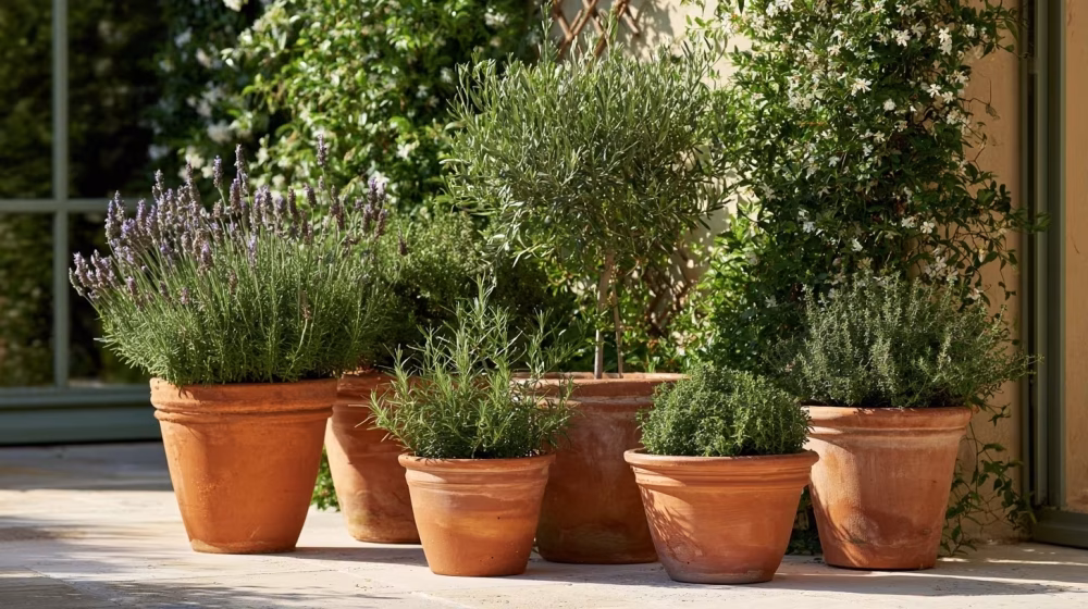 Pots de lavande, romarin, thym et olivier sur une terrasse provençale ensoleillée