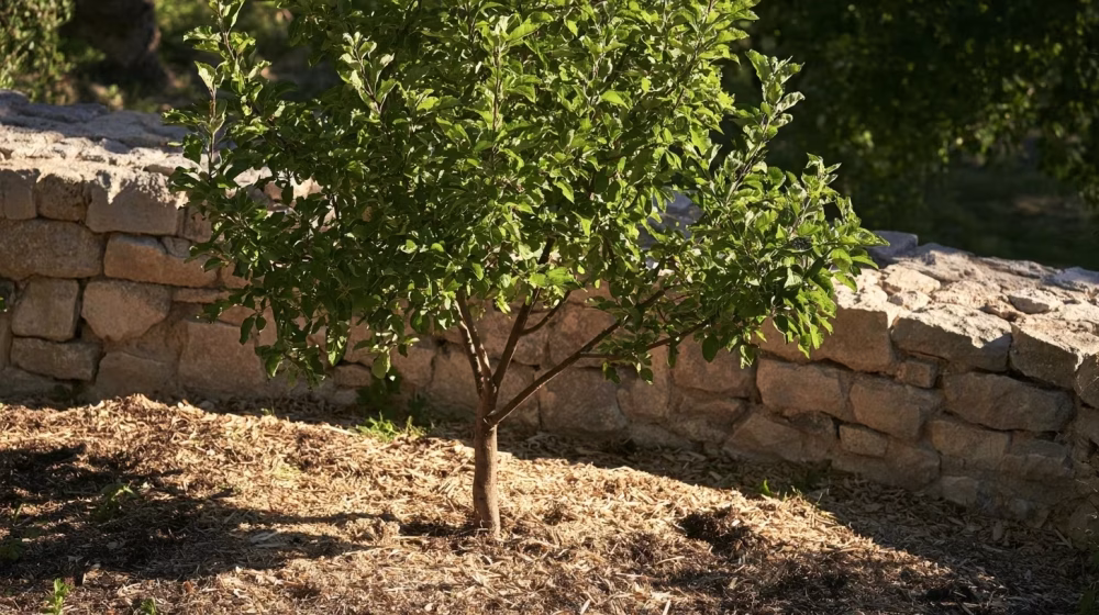 Jeune pommier en gobelet dans un jardin provençal bien exposé