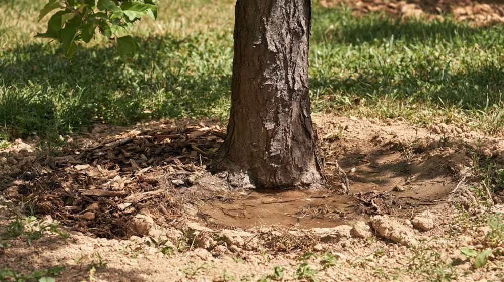 Sol paillé et cuvette d’arrosage au pied d’un pommier dans un jardin provençal