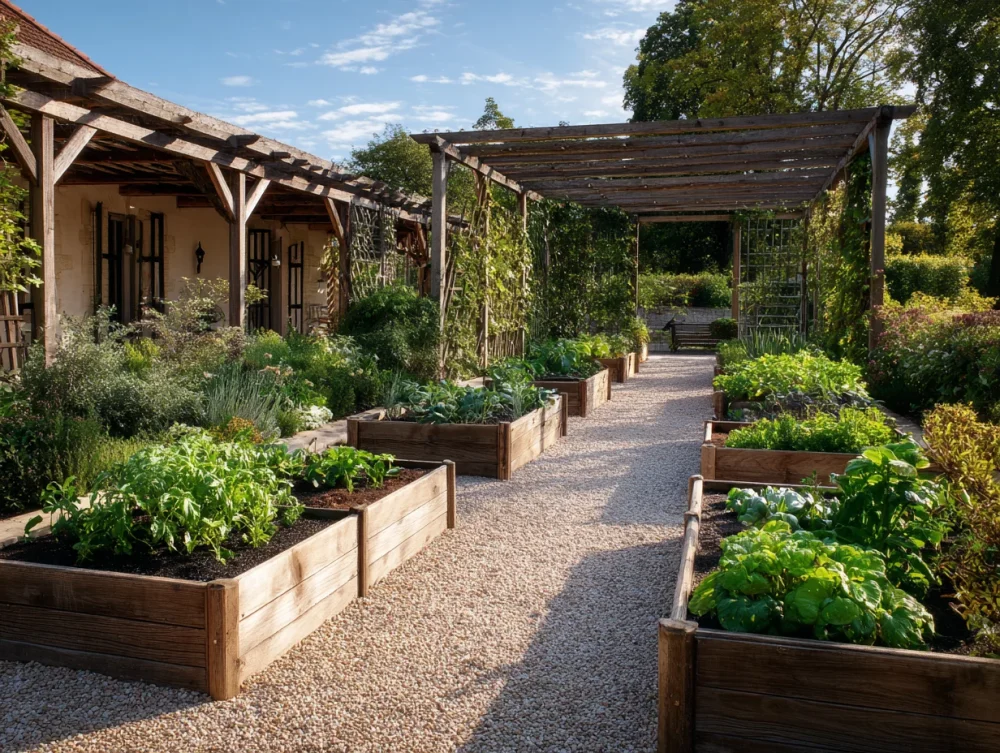 Potager structuré carrés surélevés légumes herbes