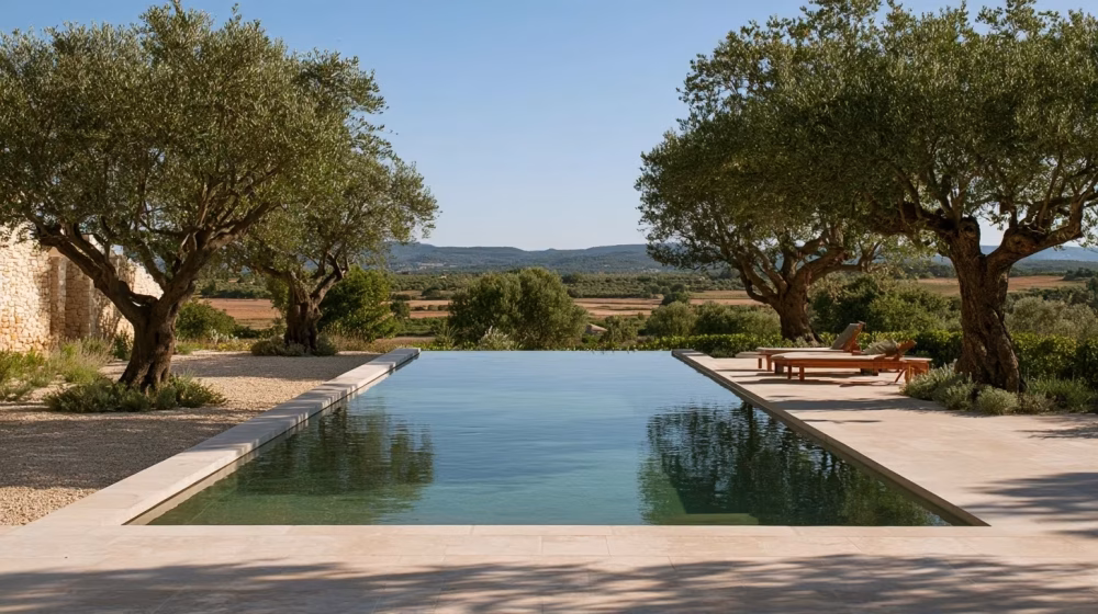Piscine propre dans un jardin provençal avant une période de canicule
