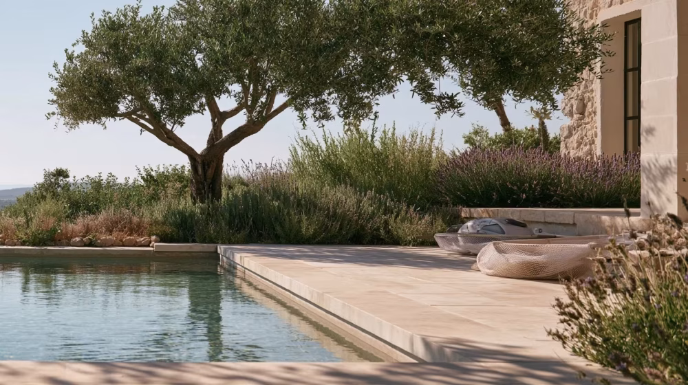 Piscine propre dans un jardin provençal avant l’entretien estival