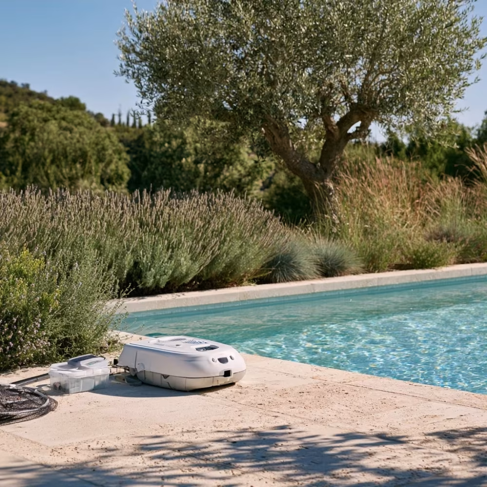 Matériel de nettoyage rangé près d’une piscine dans un jardin provençal
