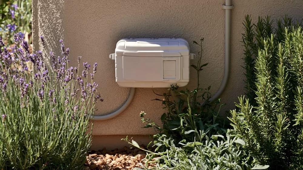 Boîtier étanche de programmation d’arrosage entouré de lavande et romarin