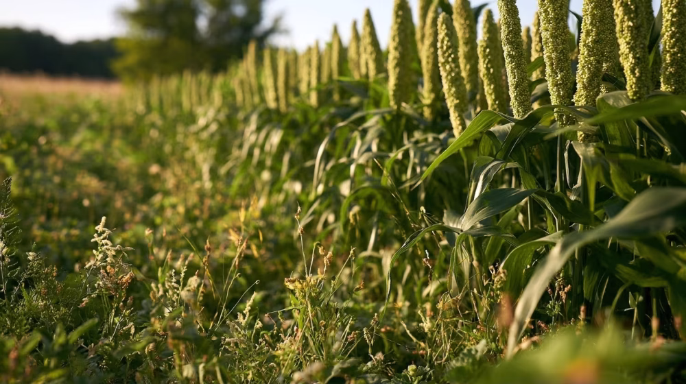 Parcelle de millet saine bordée de fleurs sauvages favorables aux auxiliaires