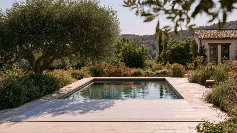 Volet de piscine partiellement fermé dans un jardin provençal
