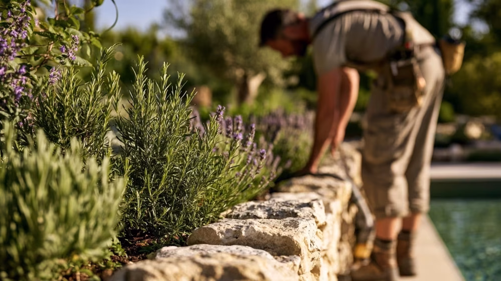 Jardinier inspectant romarin et lavande près d’une piscine en Provence