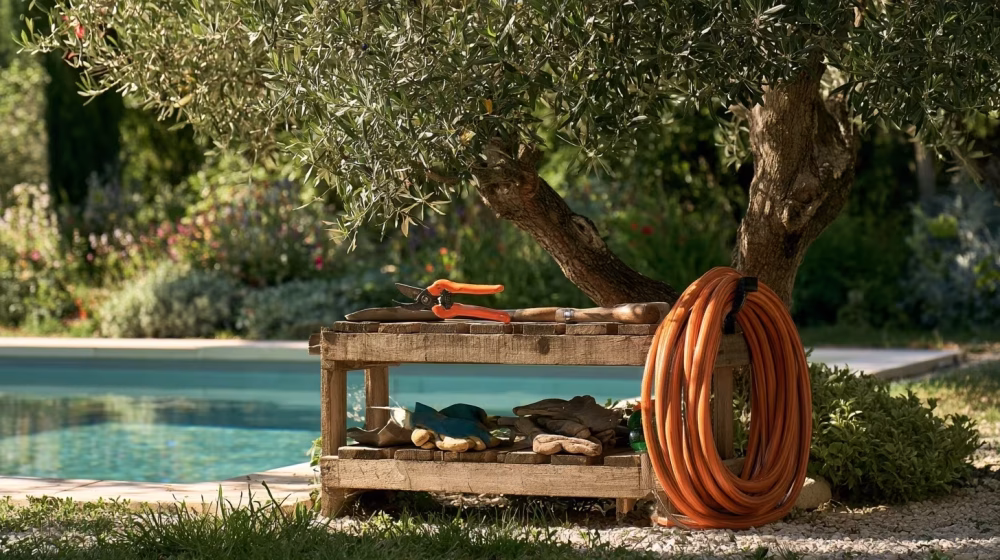 Étagère de rangement avec outils de jardin et de piscine dans un jardin provençal